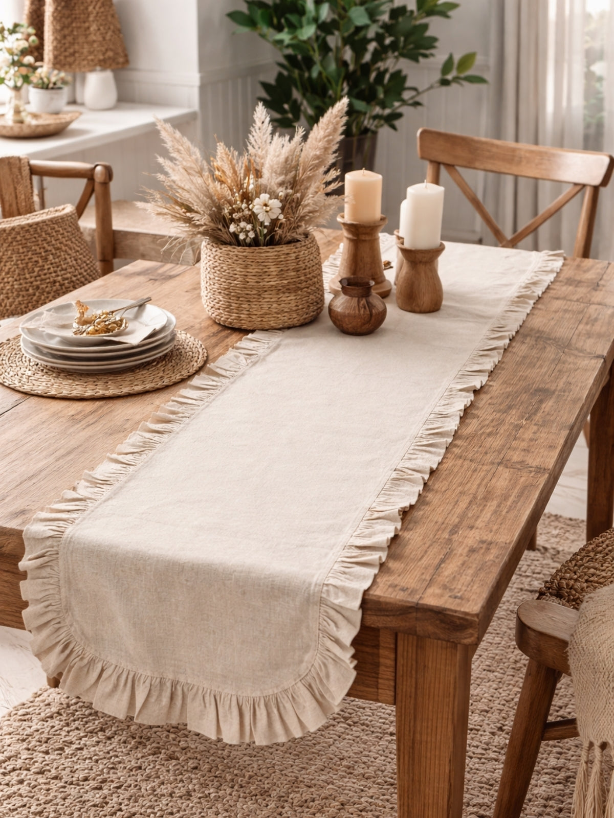 Bohem Keten Fırfırlı Runner Masa Örtüsü – 40x150 cm Bej