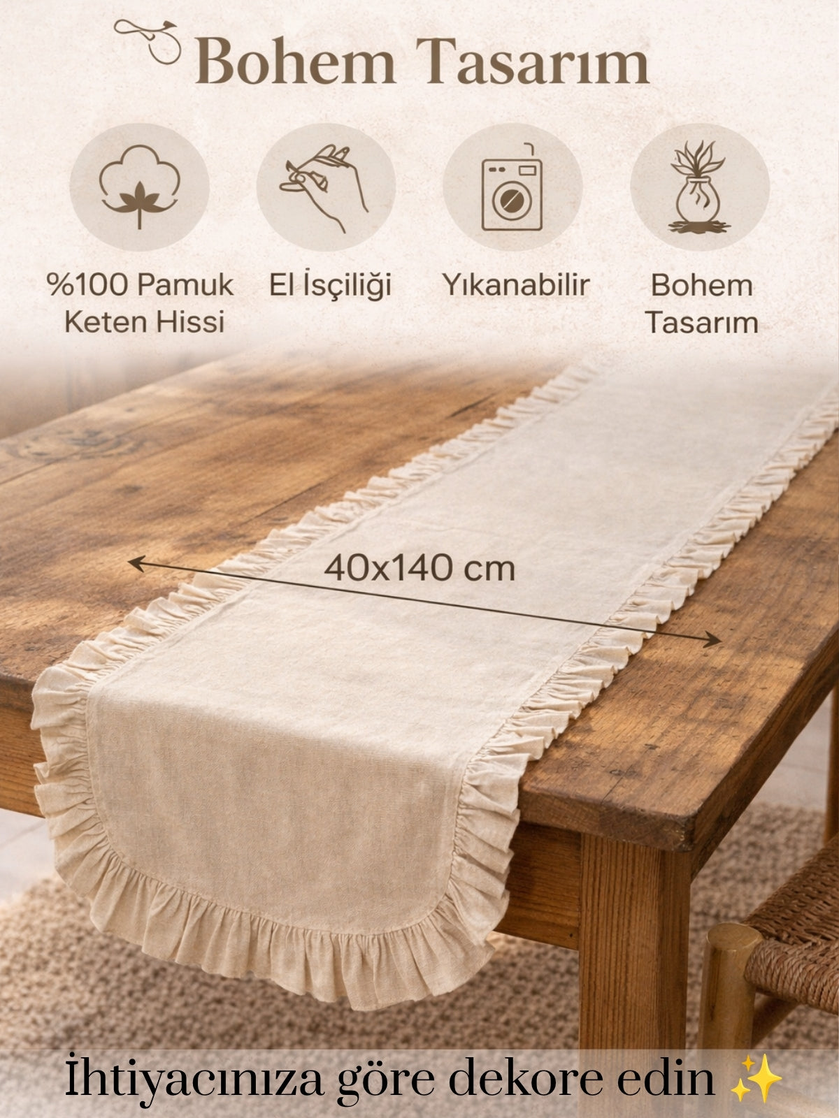 Bohem Keten Fırfırlı Runner Masa Örtüsü – 40x150 cm Bej