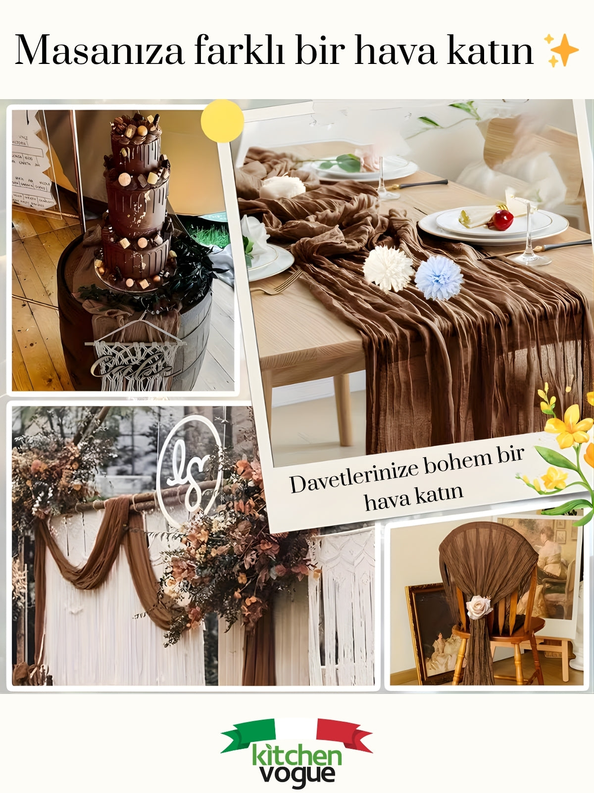 Bohem Dekoratif Runner Masa Örtüsü | Düğün, Parti, Söz, Nişan, Özel Gün Dekorasyonu Sofra Süslemesi (Kopya) (Kopya)