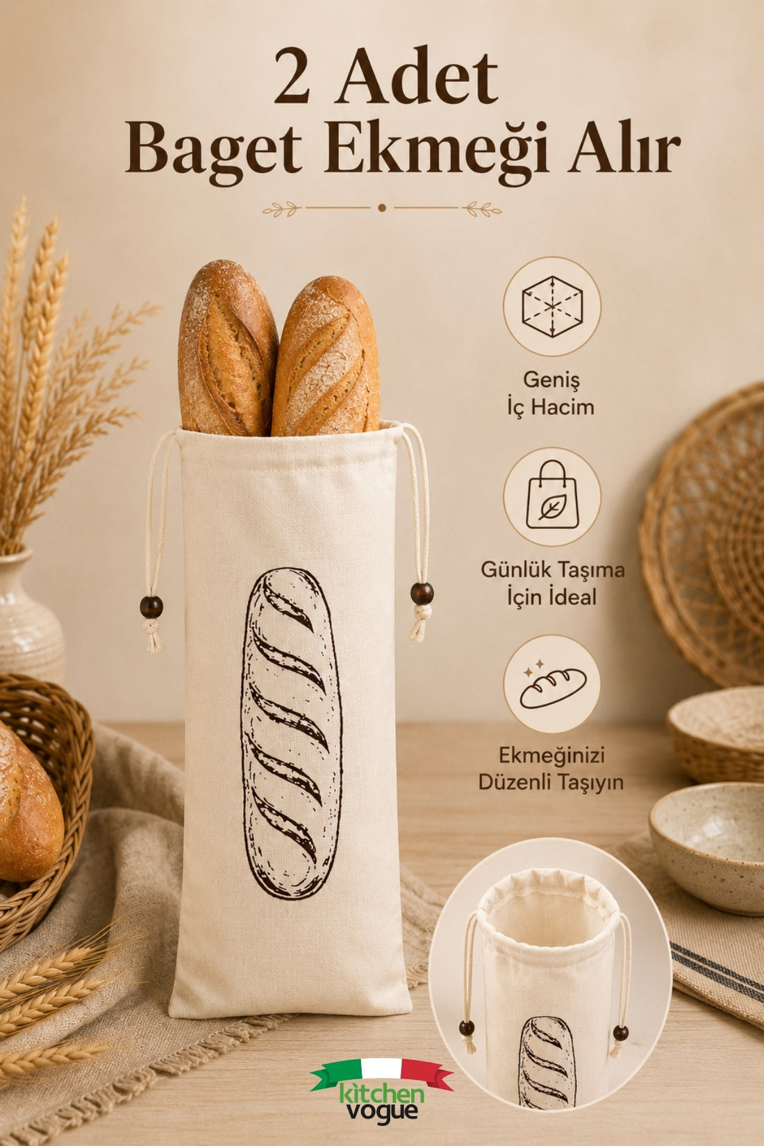 Baget Ekmek Taşıma Torbası – Uzun Ekmek ve Baget Saklama Çantası