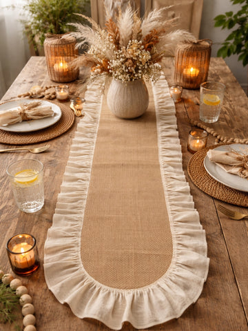 Bohem Hasır Fırfırlı Runner Masa Örtüsü – 40x150 cm Keten Detaylı