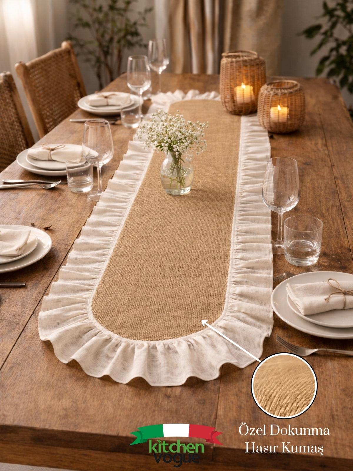 Bohem Hasır Fırfırlı Runner Masa Örtüsü – 40x150 cm Keten Detaylı
