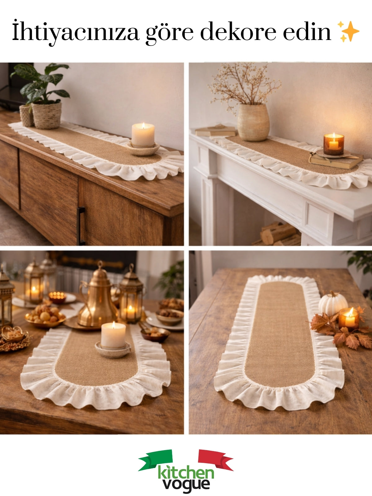 Bohem Hasır Fırfırlı Runner Masa Örtüsü – 40x150 cm Keten Detaylı