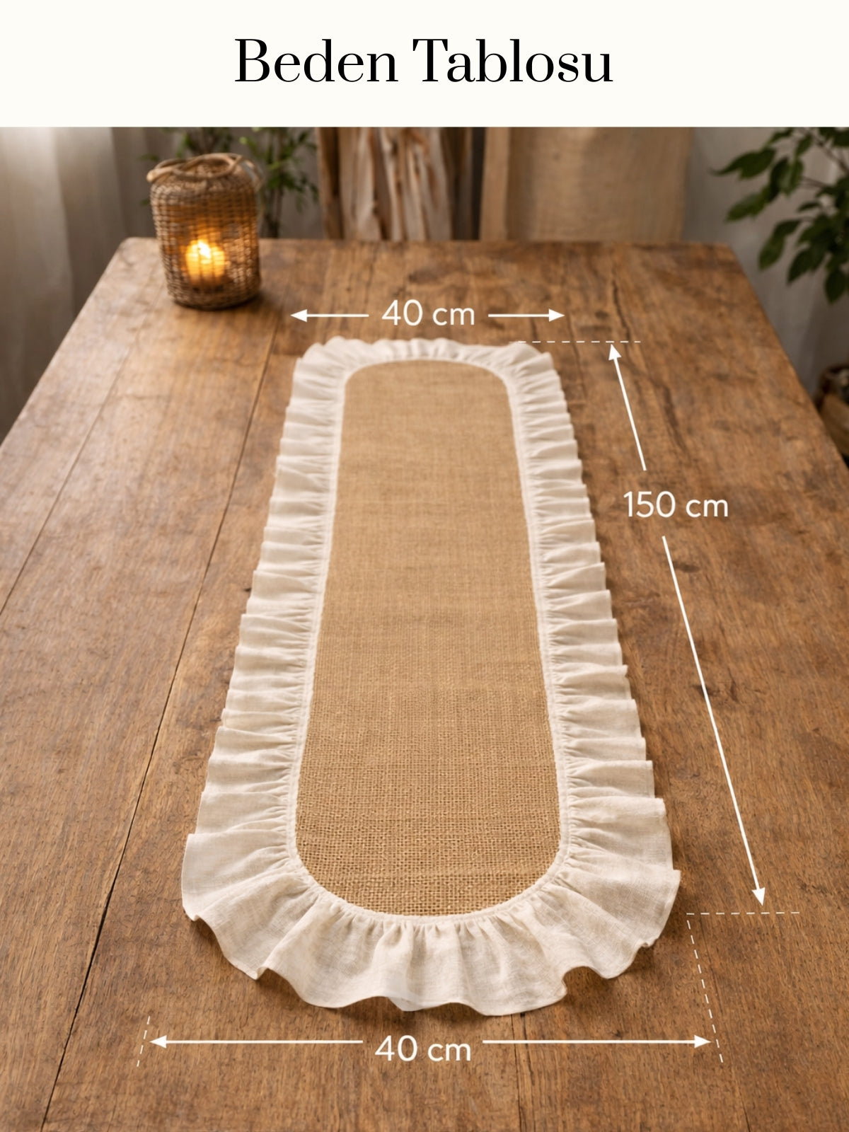 Bohem Hasır Fırfırlı Runner Masa Örtüsü – 40x150 cm Keten Detaylı