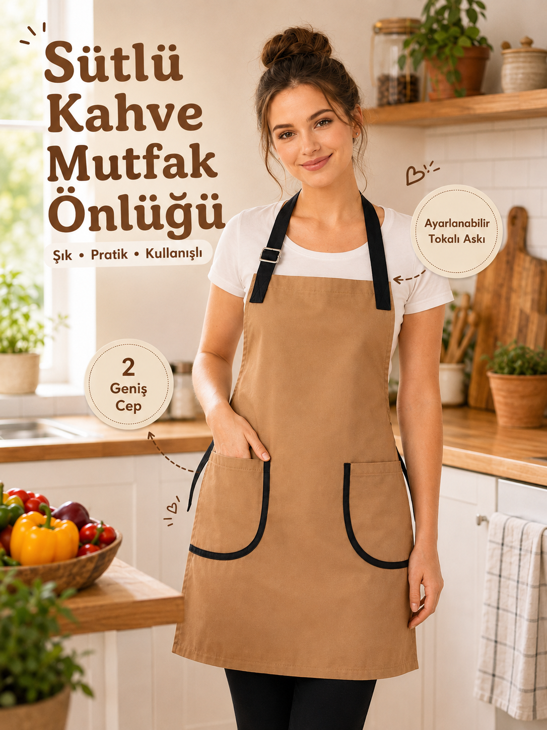 Mutfak Önlüğü Sütlü Kahve – Su İtici, Leke Tutmaz Ayarlanabilir Cepli Önlük