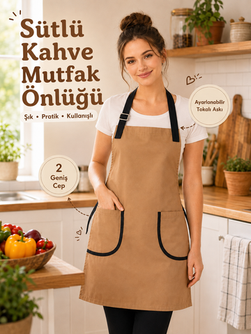 Mutfak Önlüğü Sütlü Kahve – Su İtici, Leke Tutmaz Ayarlanabilir Cepli Önlük