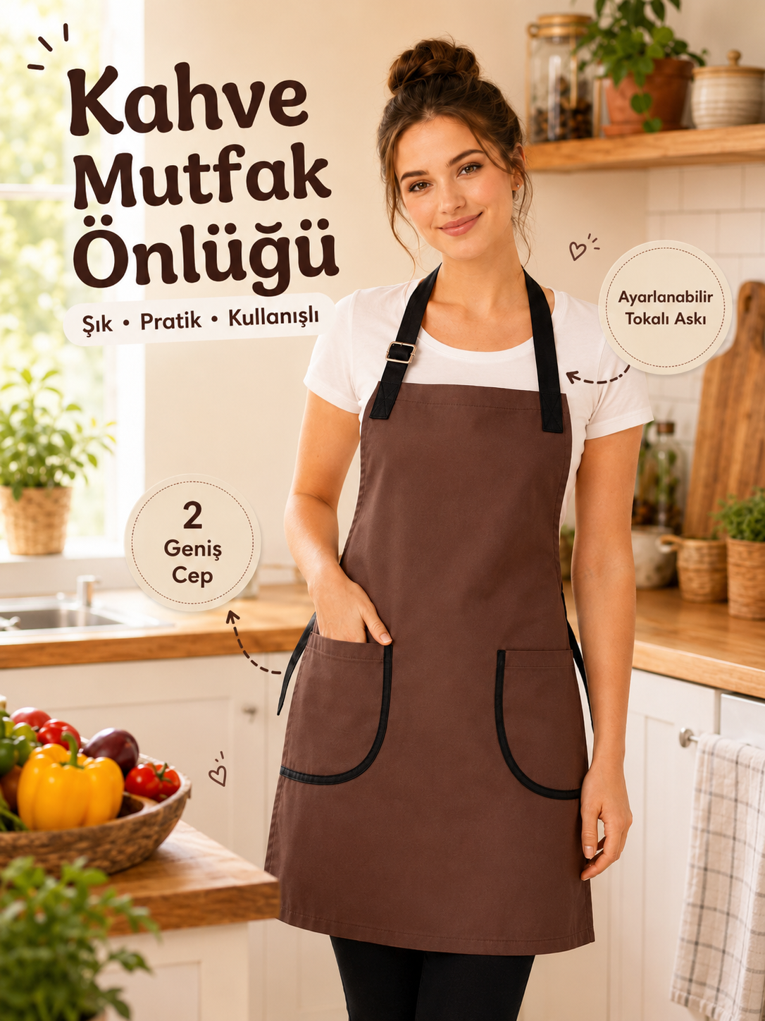 Mutfak Önlüğü Kahve – Su İtici, Leke Tutmaz Ayarlanabilir Cepli Önlük