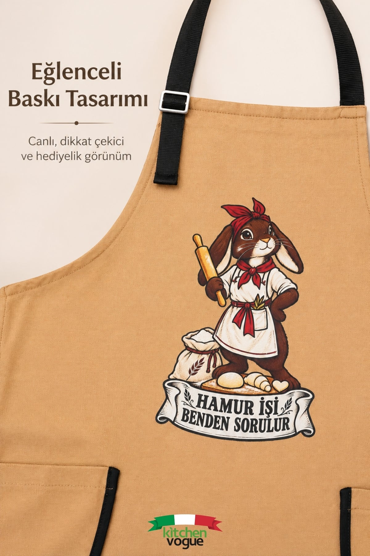 Kadın Mutfak Önlüğü – Tavşan Baskılı Su İtici ve Leke Tutmaz Önlük