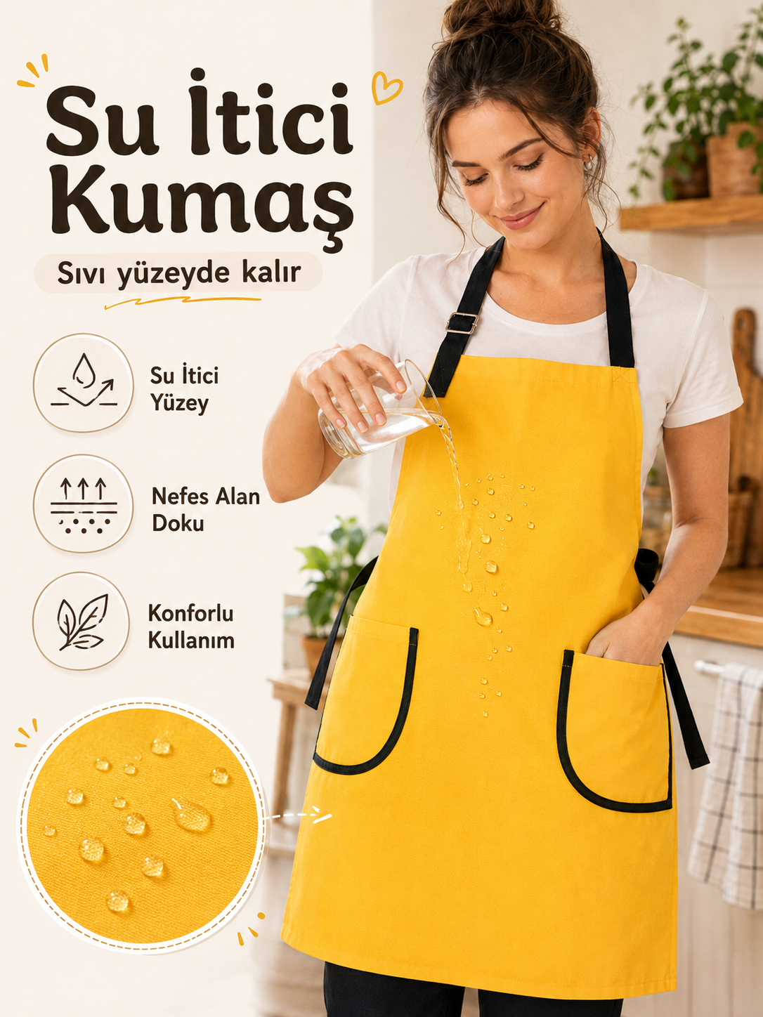 Mutfak Önlüğü Sarı – Su İtici, Leke Tutmaz Ayarlanabilir Cepli Önlük