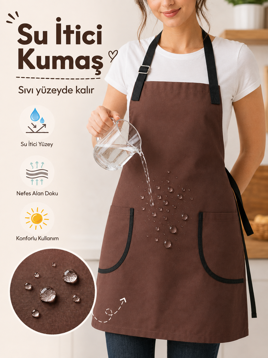 Mutfak Önlüğü Kahve – Su İtici, Leke Tutmaz Ayarlanabilir Cepli Önlük