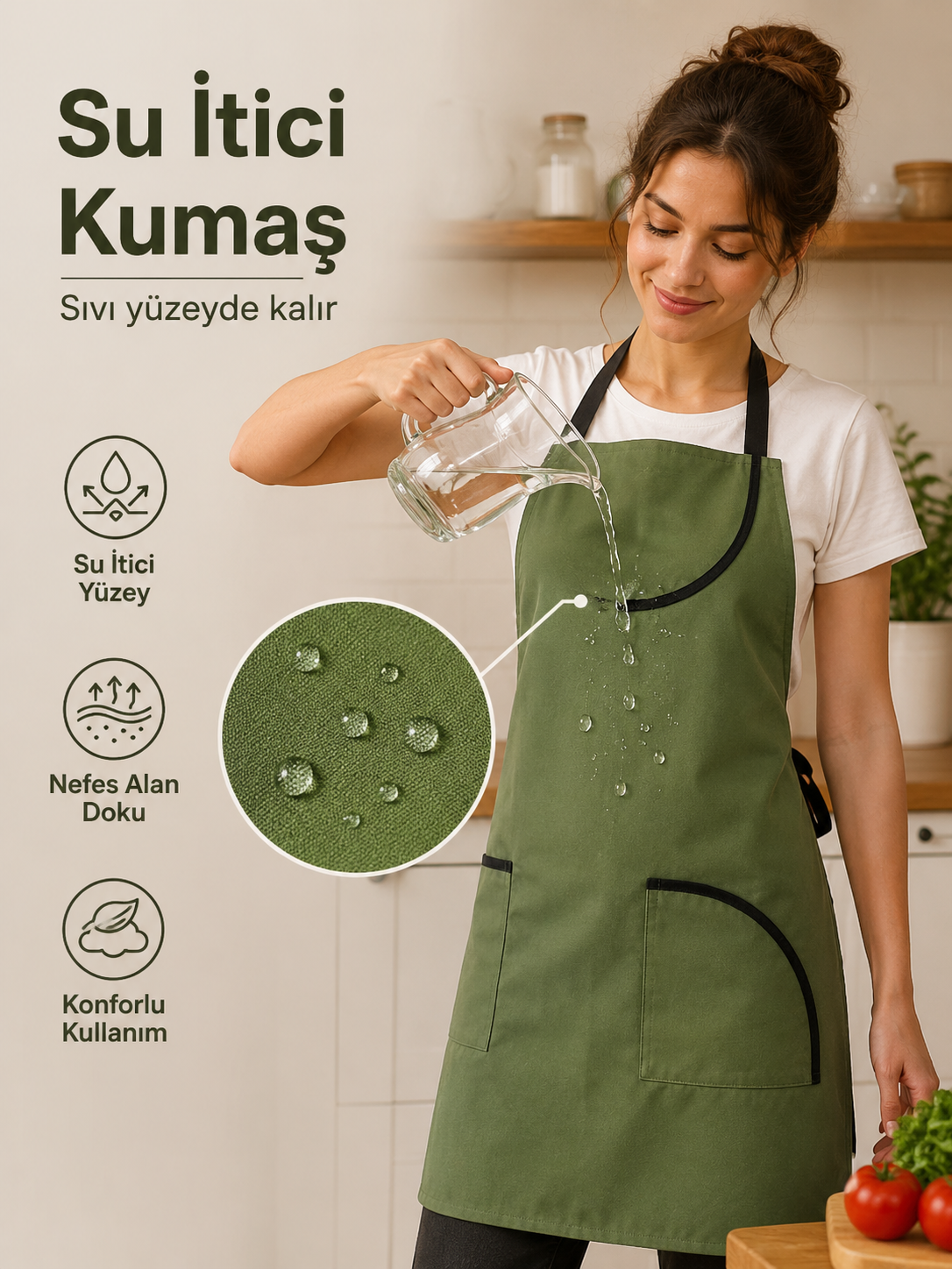 Mutfak Önlüğü Yeşil – Su İtici, Leke Tutmaz Ayarlanabilir Cepli Önlük