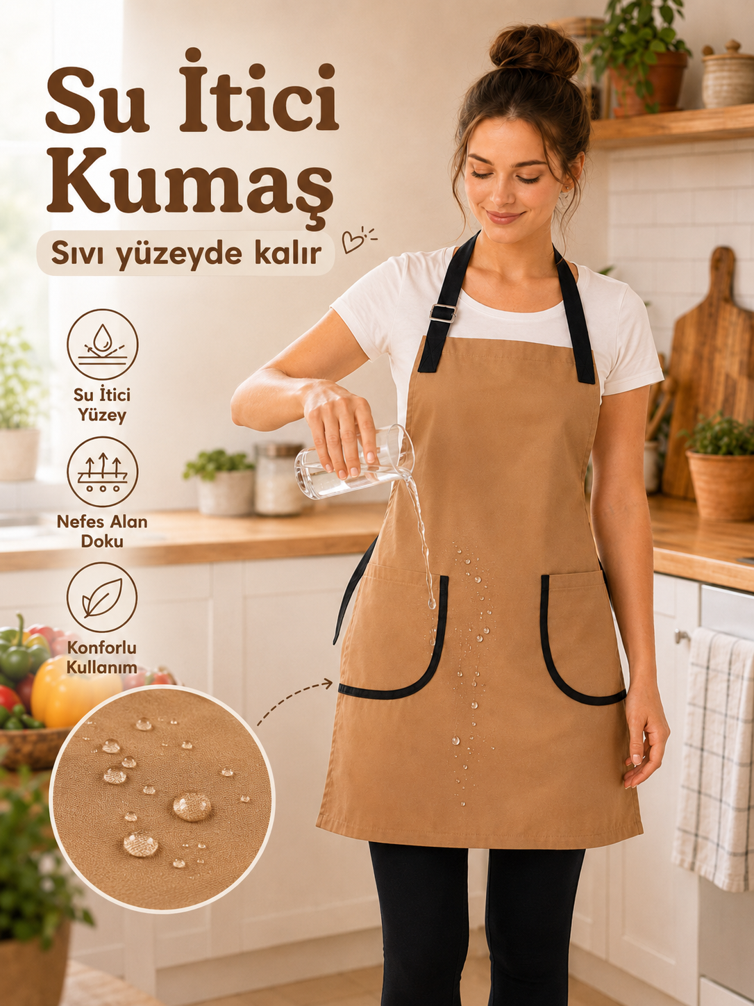 Mutfak Önlüğü Sütlü Kahve – Su İtici, Leke Tutmaz Ayarlanabilir Cepli Önlük