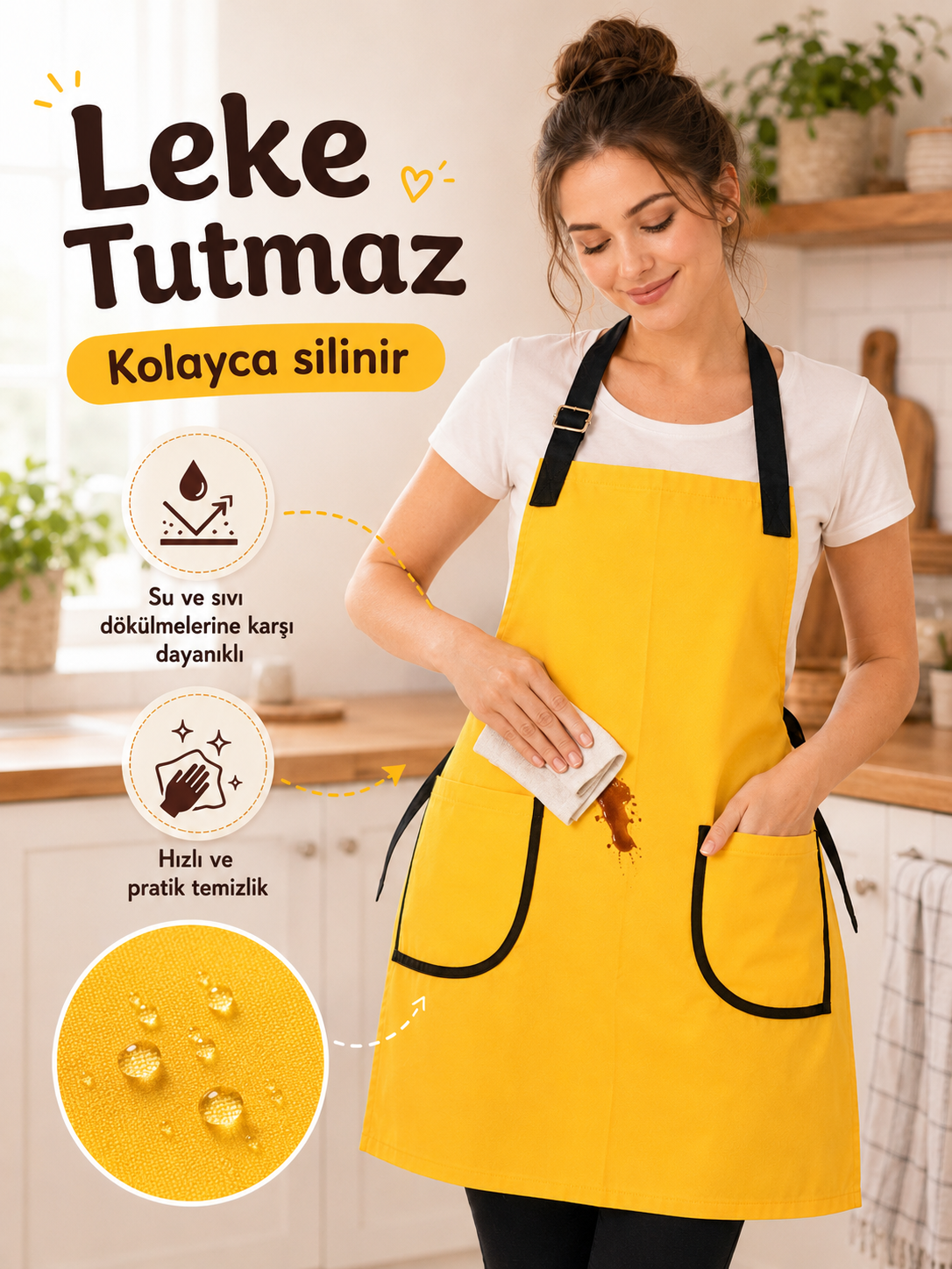 Mutfak Önlüğü Sarı – Su İtici, Leke Tutmaz Ayarlanabilir Cepli Önlük