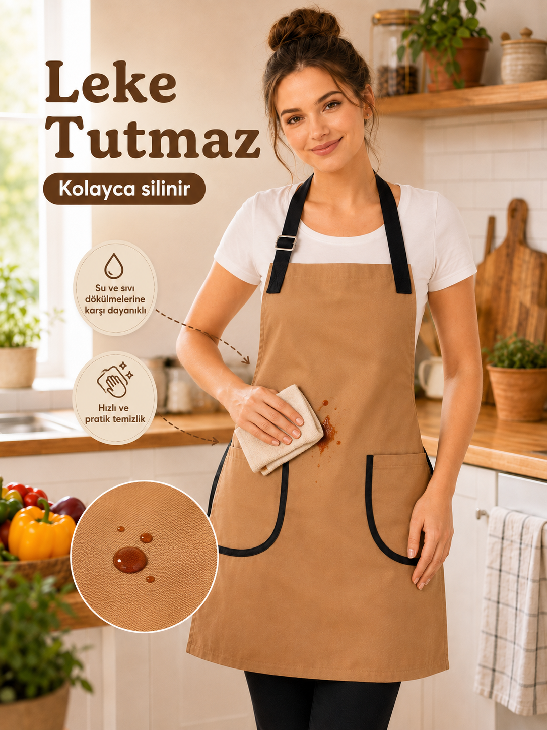 Mutfak Önlüğü Sütlü Kahve – Su İtici, Leke Tutmaz Ayarlanabilir Cepli Önlük