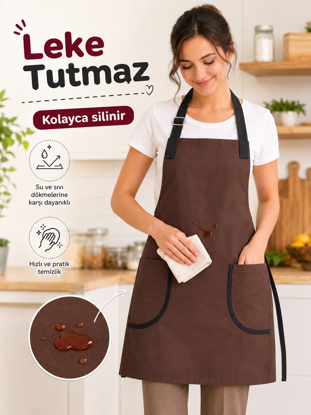 Mutfak Önlüğü Kahve – Su İtici, Leke Tutmaz Ayarlanabilir Cepli Önlük