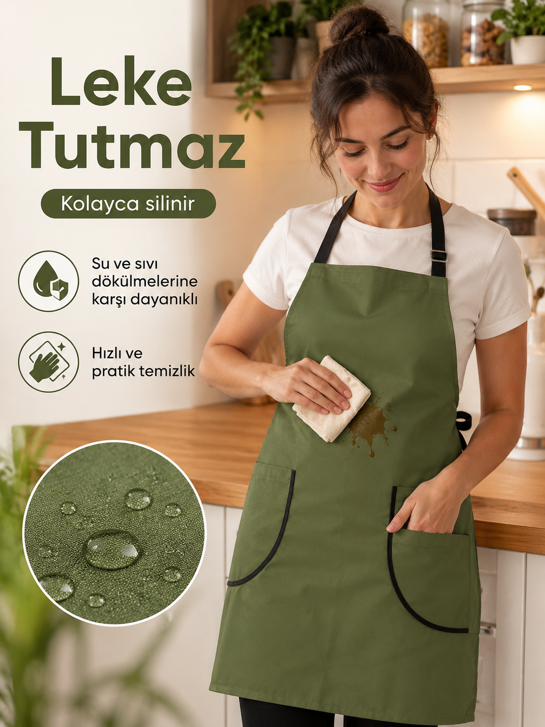 Mutfak Önlüğü Yeşil – Su İtici, Leke Tutmaz Ayarlanabilir Cepli Önlük