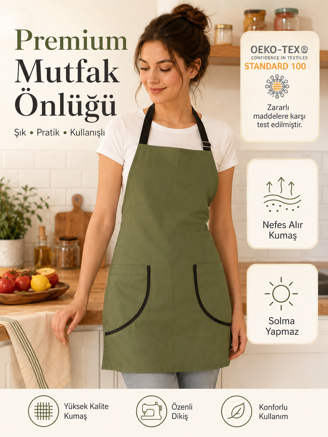 Mutfak Önlüğü Yeşil – Su İtici, Leke Tutmaz Ayarlanabilir Cepli Önlük