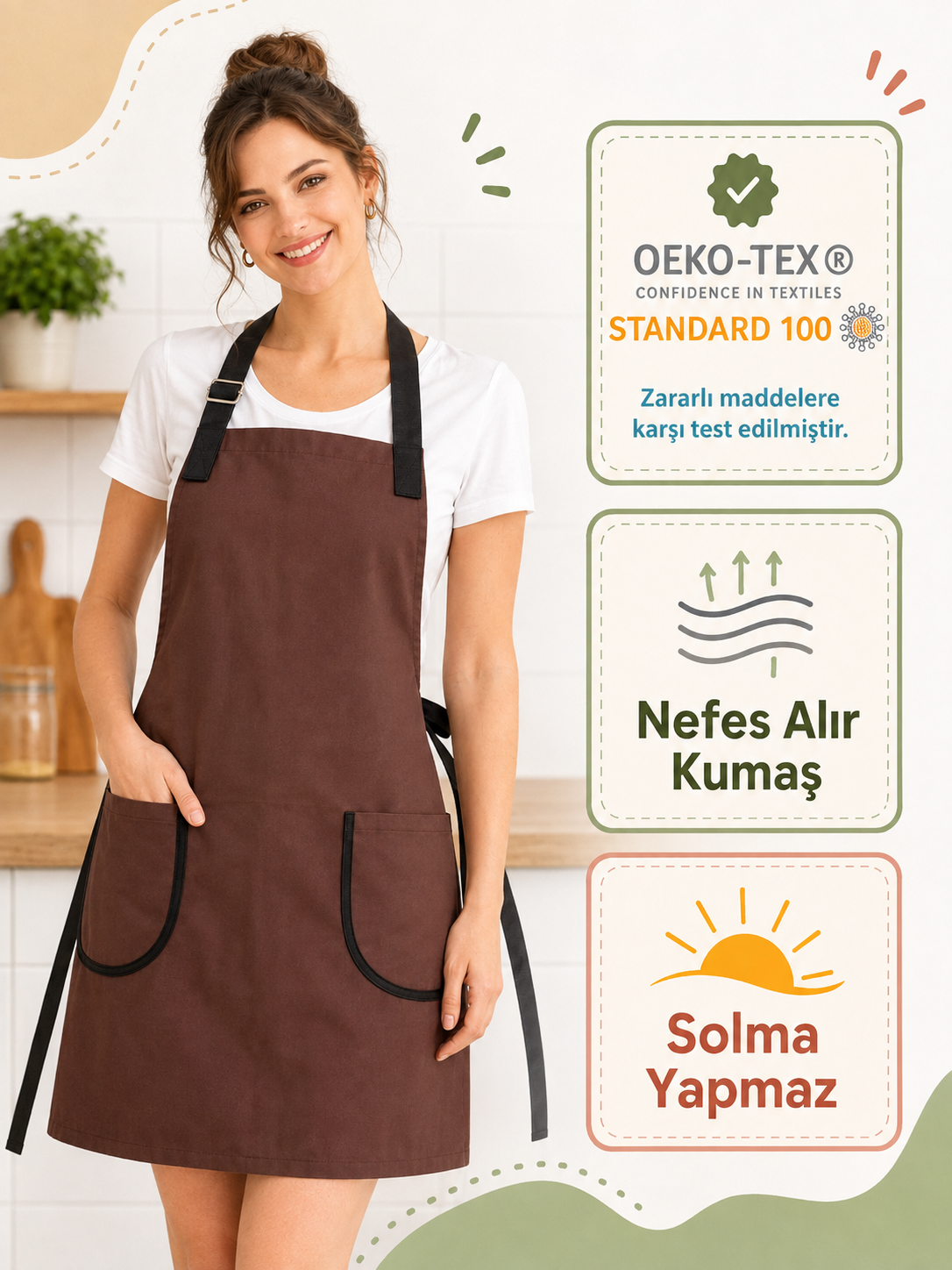 Mutfak Önlüğü Kahve – Su İtici, Leke Tutmaz Ayarlanabilir Cepli Önlük