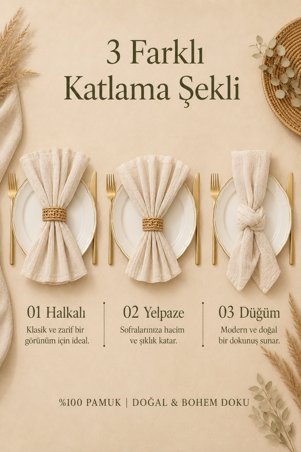 Peçetelik 6’lı Bohem Peçete Seti Düğün %100 Pamuk Kırışık Dokulu Nişan Organizasyon Sofra Peçetesi
