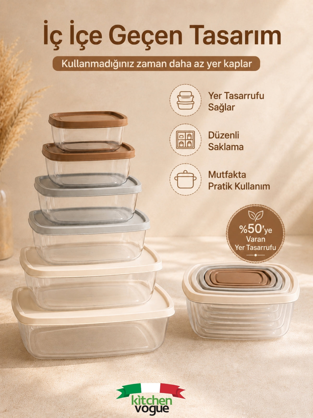 6’lı Bohem Plastik Saklama Kabı Seti – 6 Farklı Boy, Hava Geçirmez